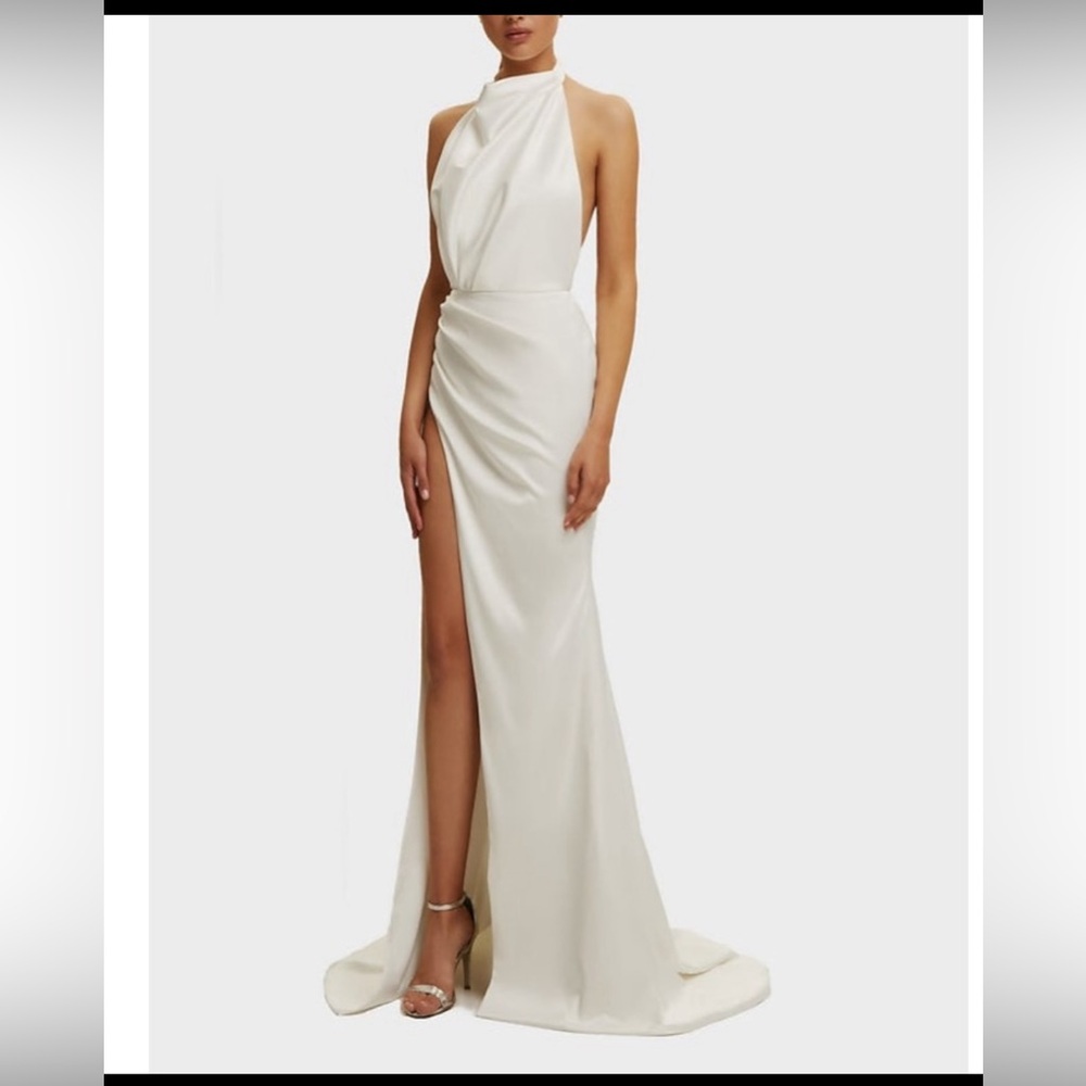 Meshki Ivory Halter-Neck Satin Wedding Gown with High Thigh Slit